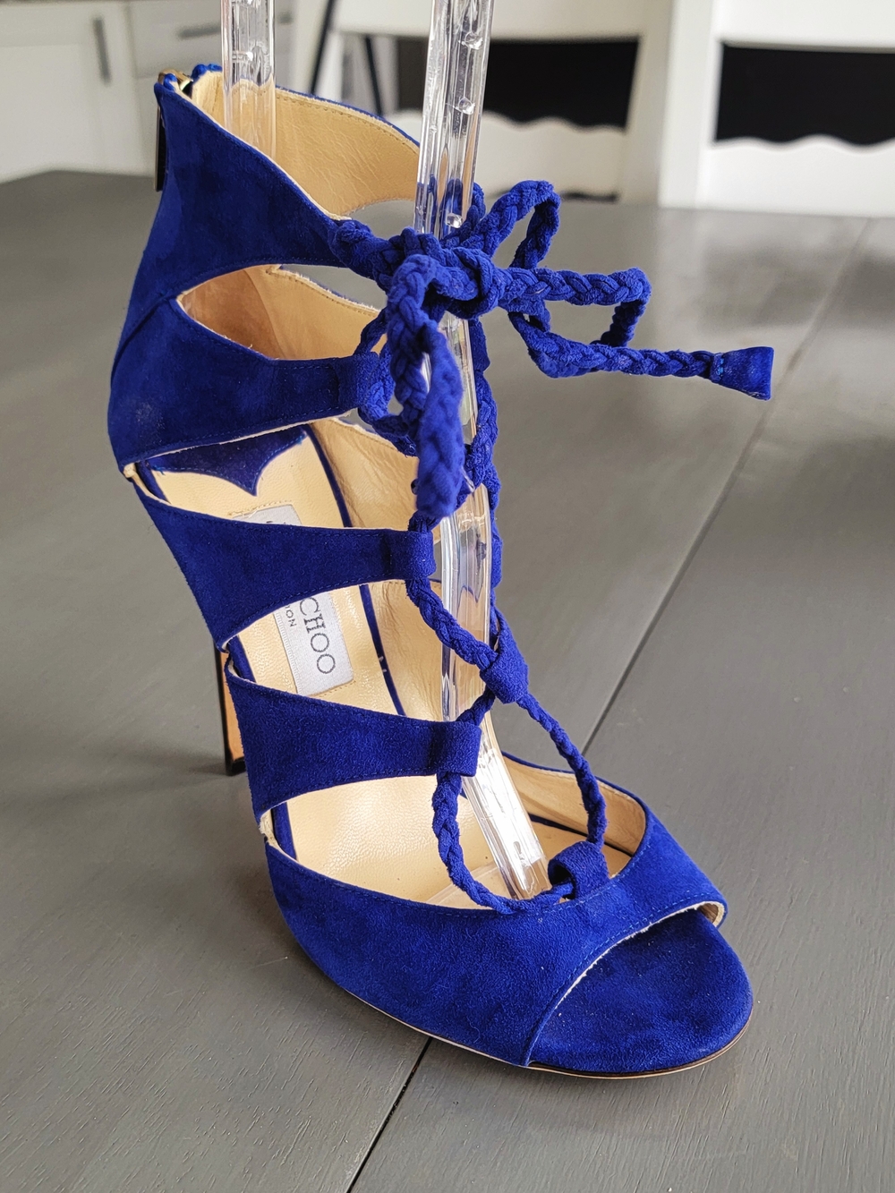 Jimmy Choo Ren 100 Cobalt Blue Suede Caged Lace Up Sandals - Size 40.5 / 10.5